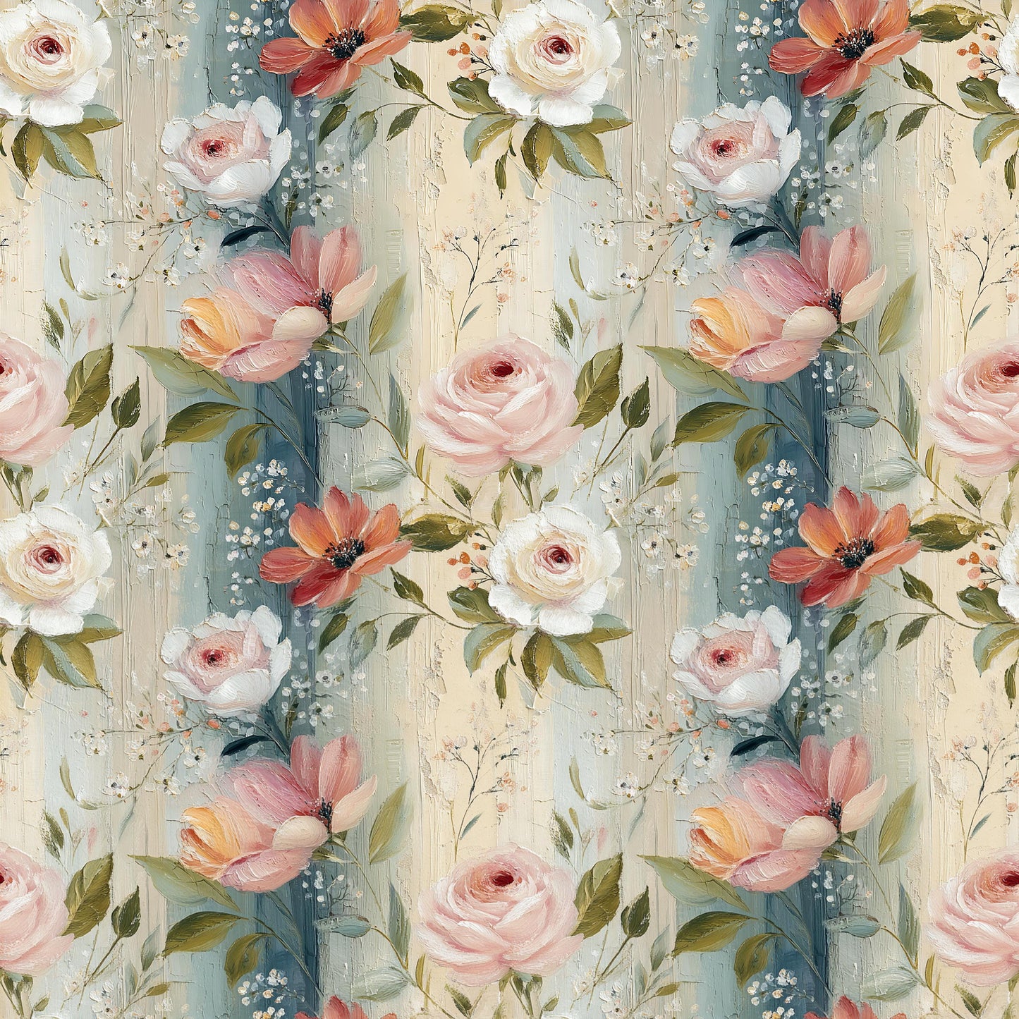 Spring Floral and Dark Blue Stripes Fabric - Shop now at American Fabric Prints