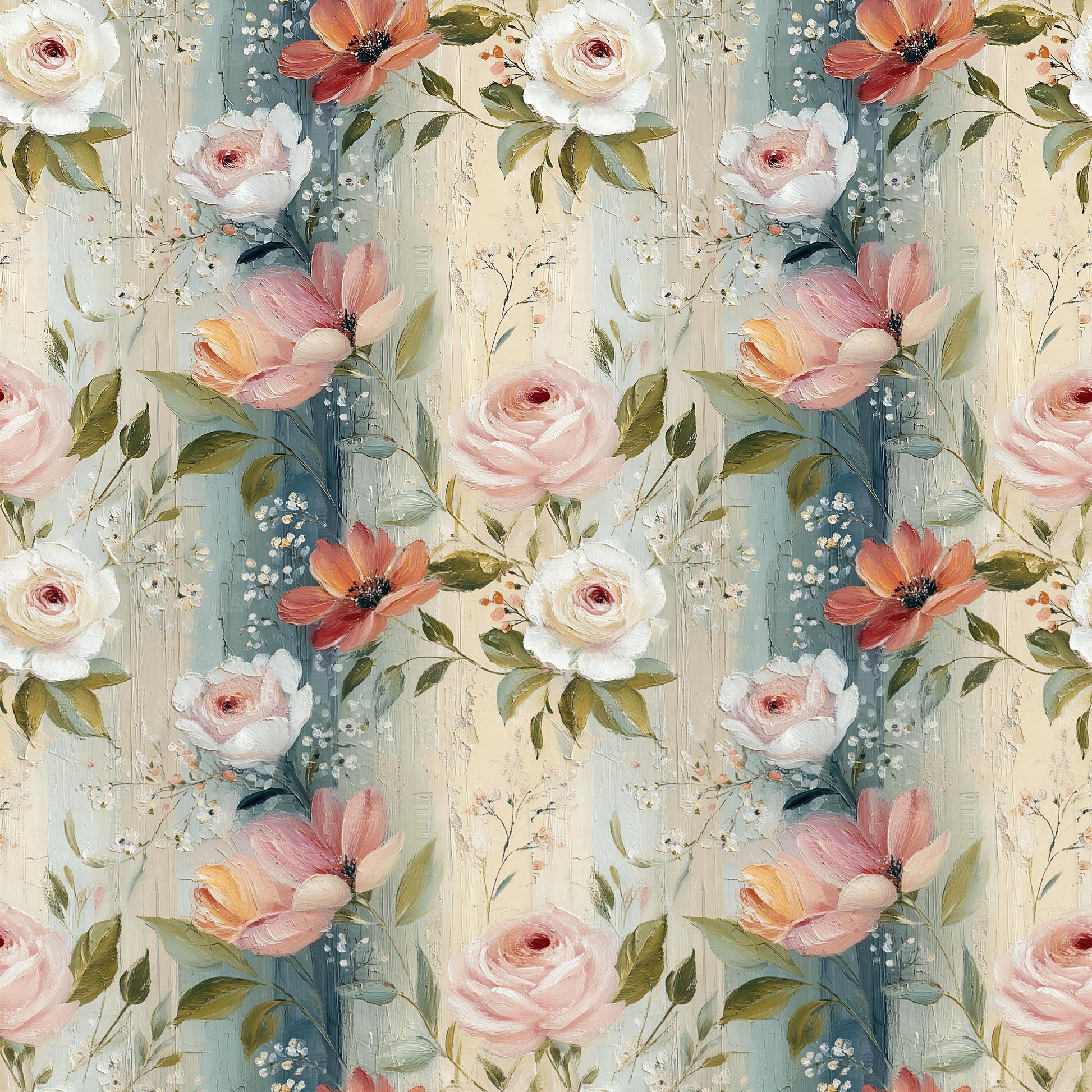 Spring Floral and Dark Blue Stripes Fabric - Shop now at American Fabric Prints