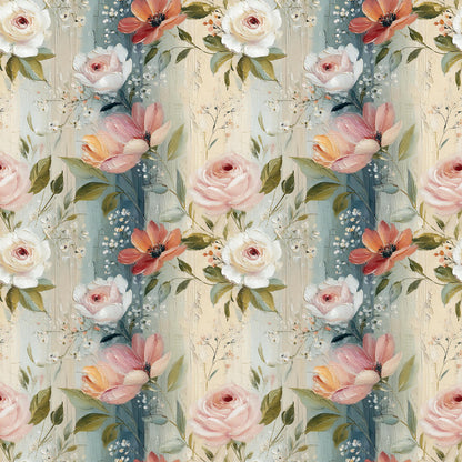 Spring Floral and Dark Blue Stripes Fabric - Shop now at American Fabric Prints