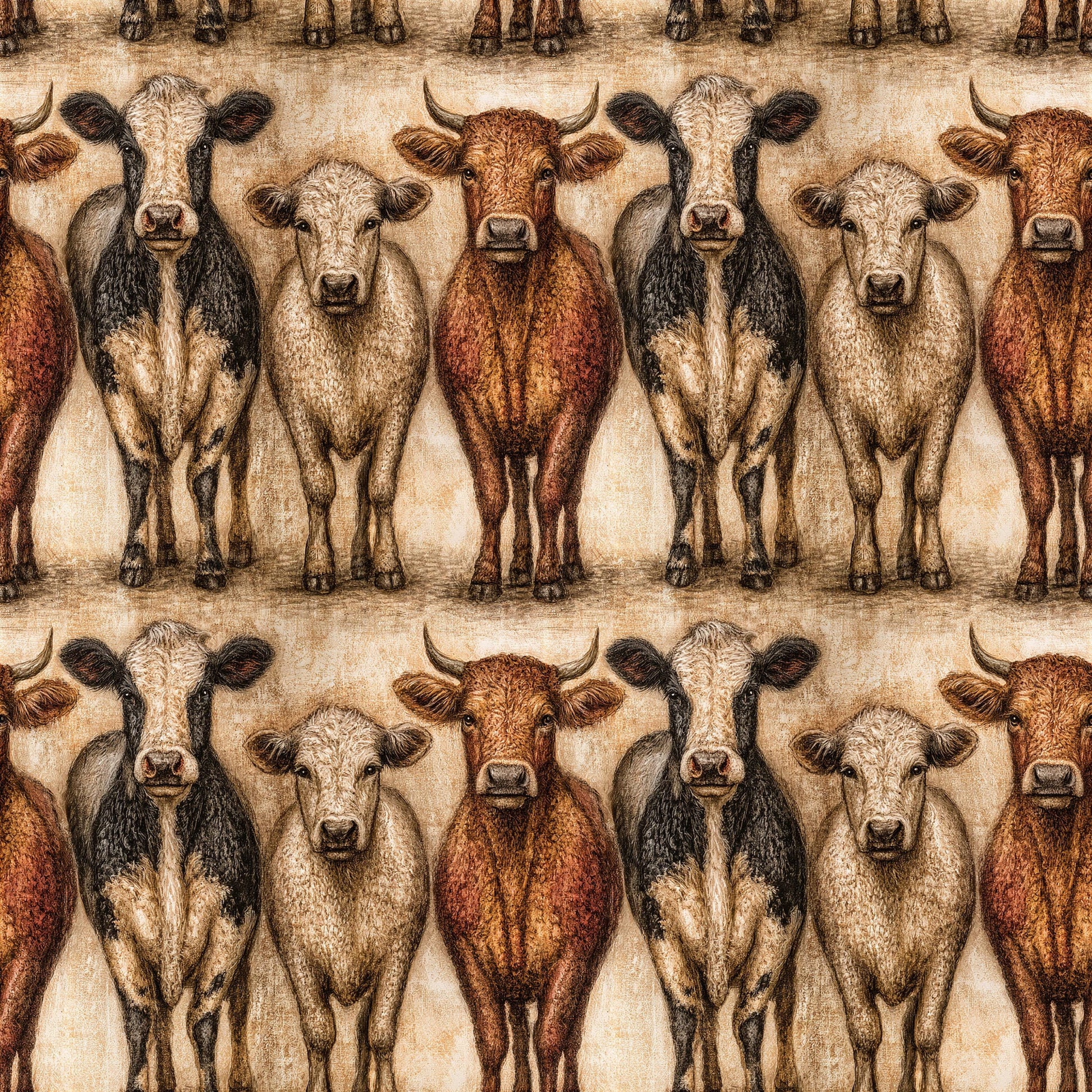 Primitive Folk Art Cattle Fabric - Shop now at American Fabric Prints