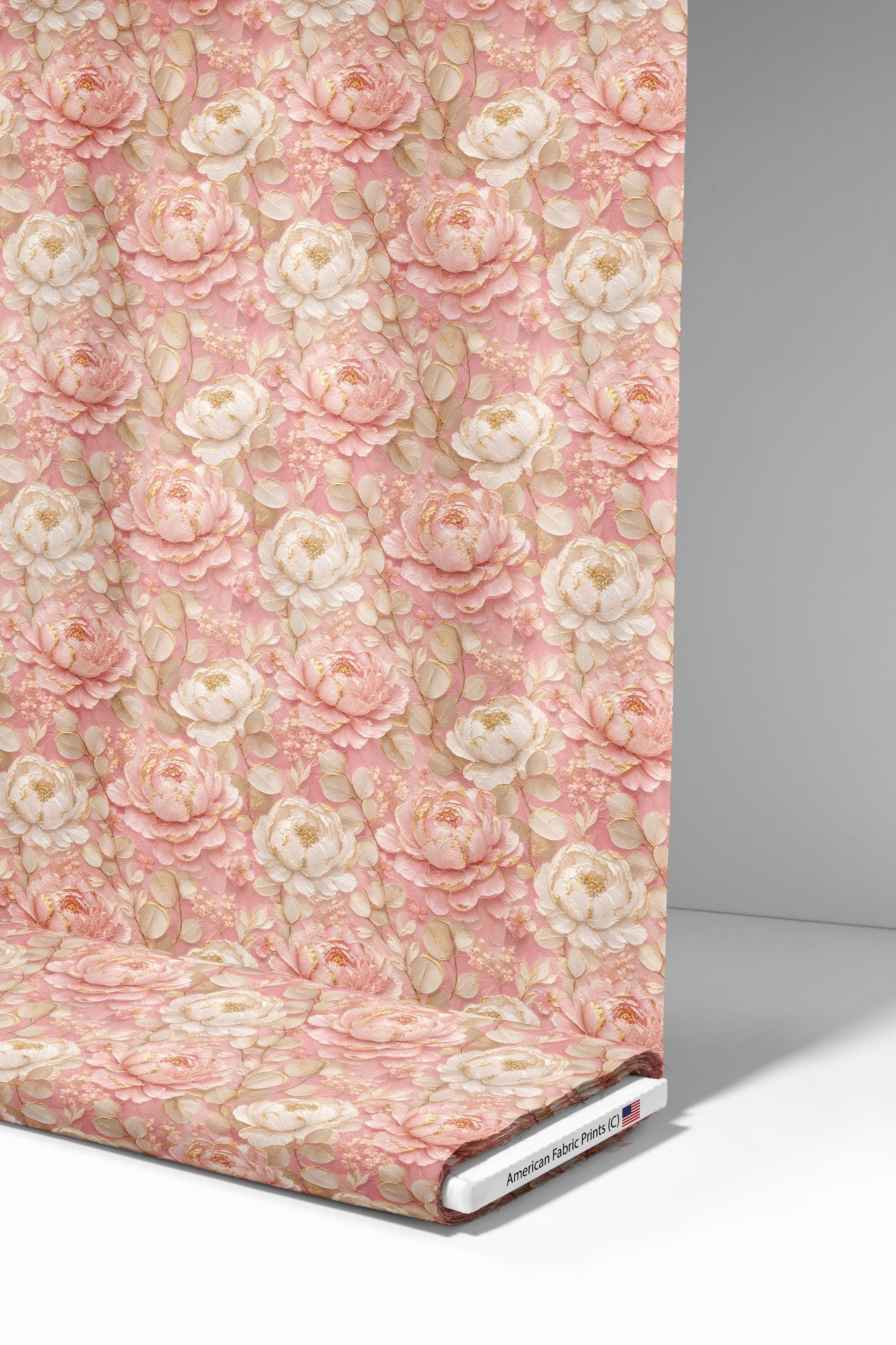 Blush Pink Peony Gold Fabric - Shop now at American Fabric Prints
