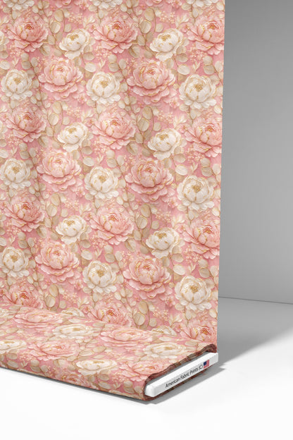Blush Pink Peony Gold Fabric - Shop now at American Fabric Prints