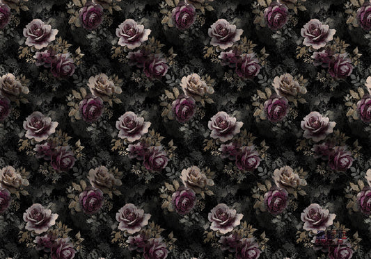 Romantic Victorian Goth Fabric - Quilting Cotton Print - Black, Burgundy, Dusty Mauve Roses - by American Fabric Prints