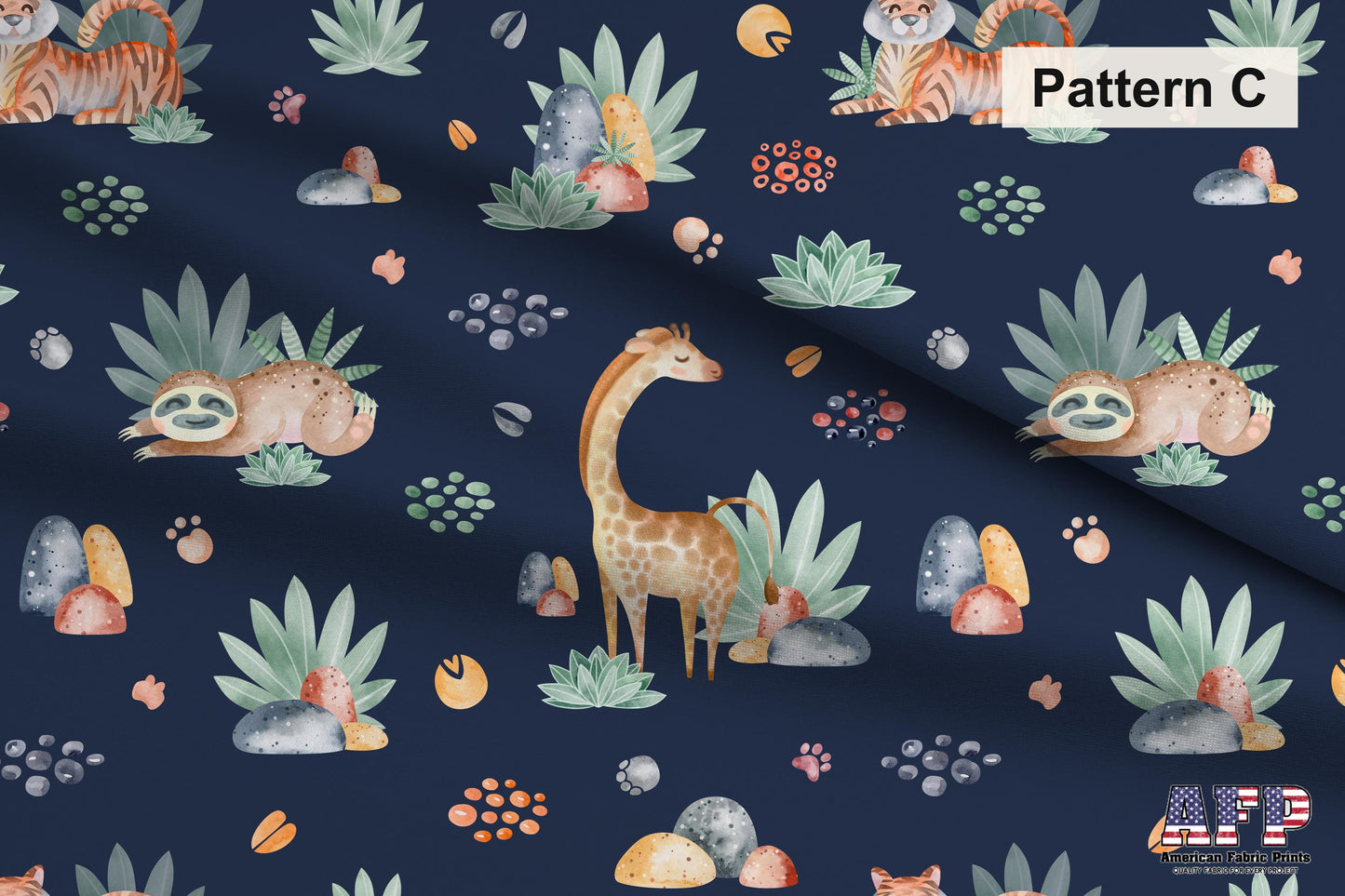 Safari Animals Navy Fabric Collection. Shop now at American Fabric Prints.