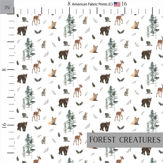 Woodland Animals Fabric featuring Bears, Deers, Foxes, Raccoons, and Rabbits. Made in the USA. Shop now at American Fabric Prints.