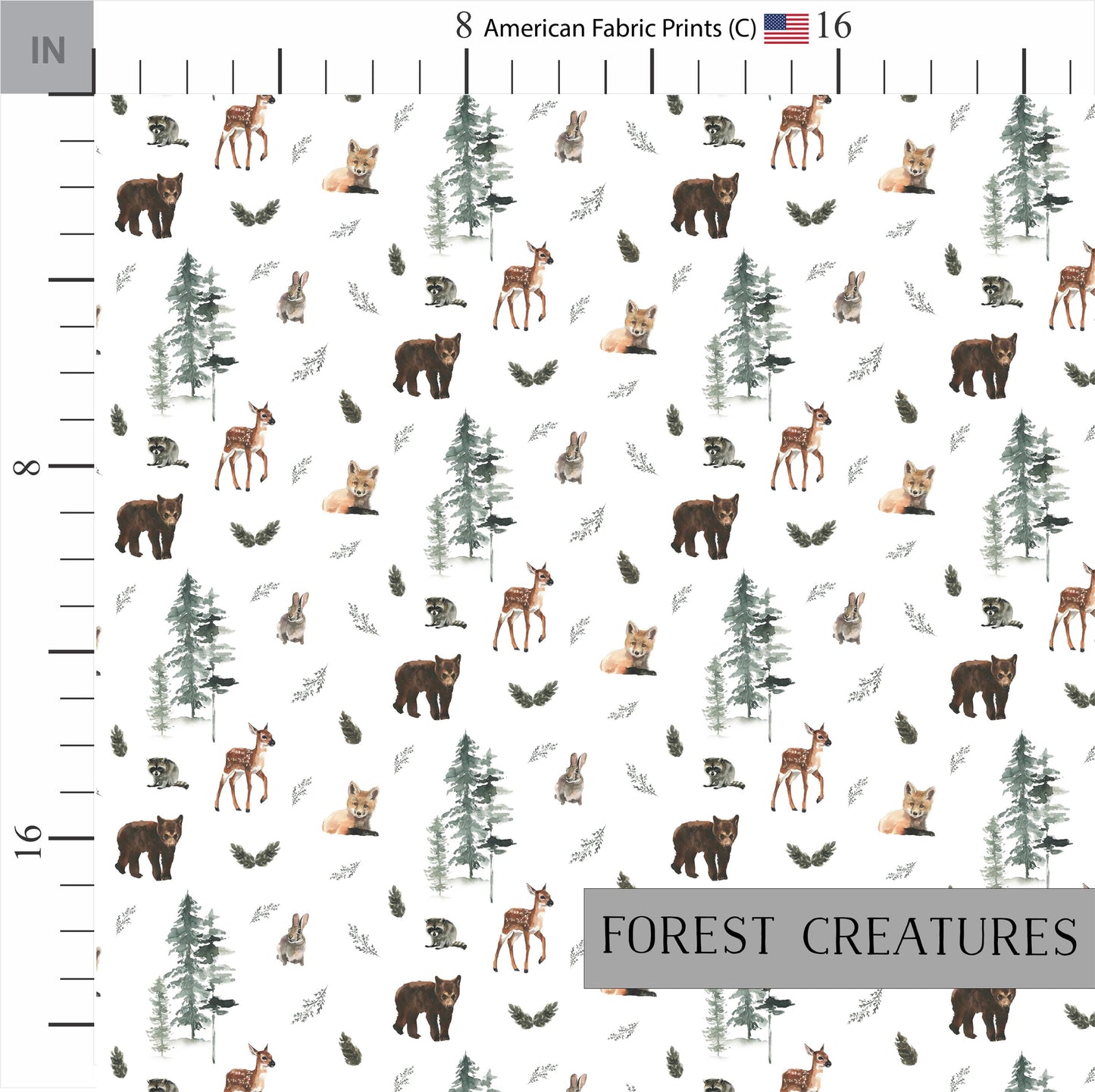 Woodland Animals Fabric featuring Bears, Deers, Foxes, Raccoons, and Rabbits. Made in the USA. Shop now at American Fabric Prints.