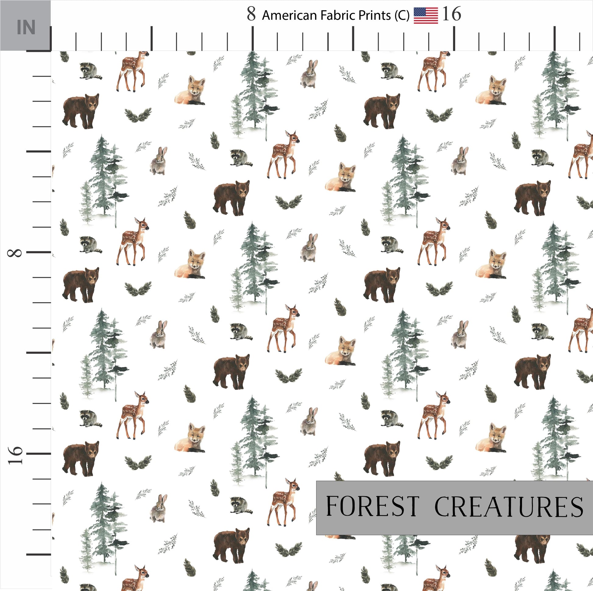 Woodland Animals Fabric featuring Bears, Deers, Foxes, Raccoons, and Rabbits. Made in the USA. Shop now at American Fabric Prints.