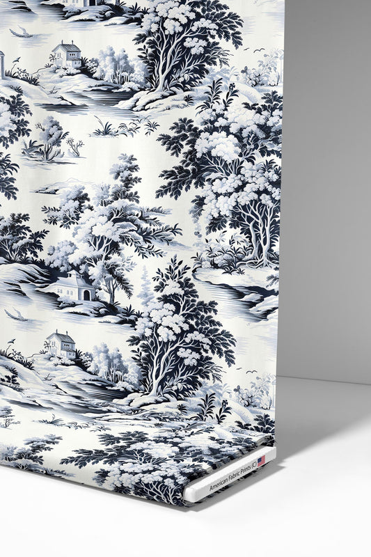 Black and Navy French Toile De Jouy Fabric. Made in the USA! Shop now at American Fabric Prints.