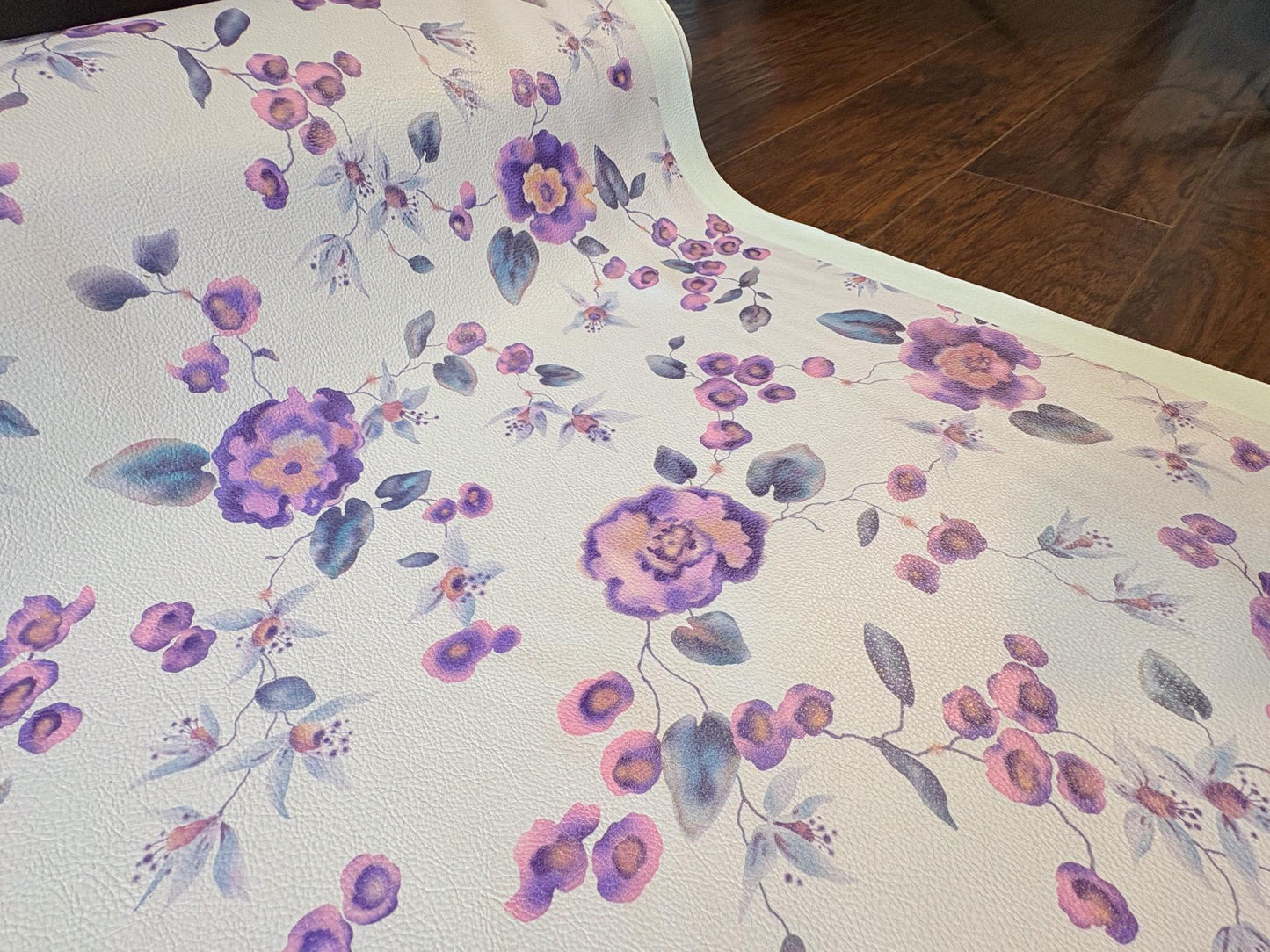 Floral Vinyl Fabric with Purple Flowers & Greenish Blue Leaves. Shop now at American Fabric Prints.
