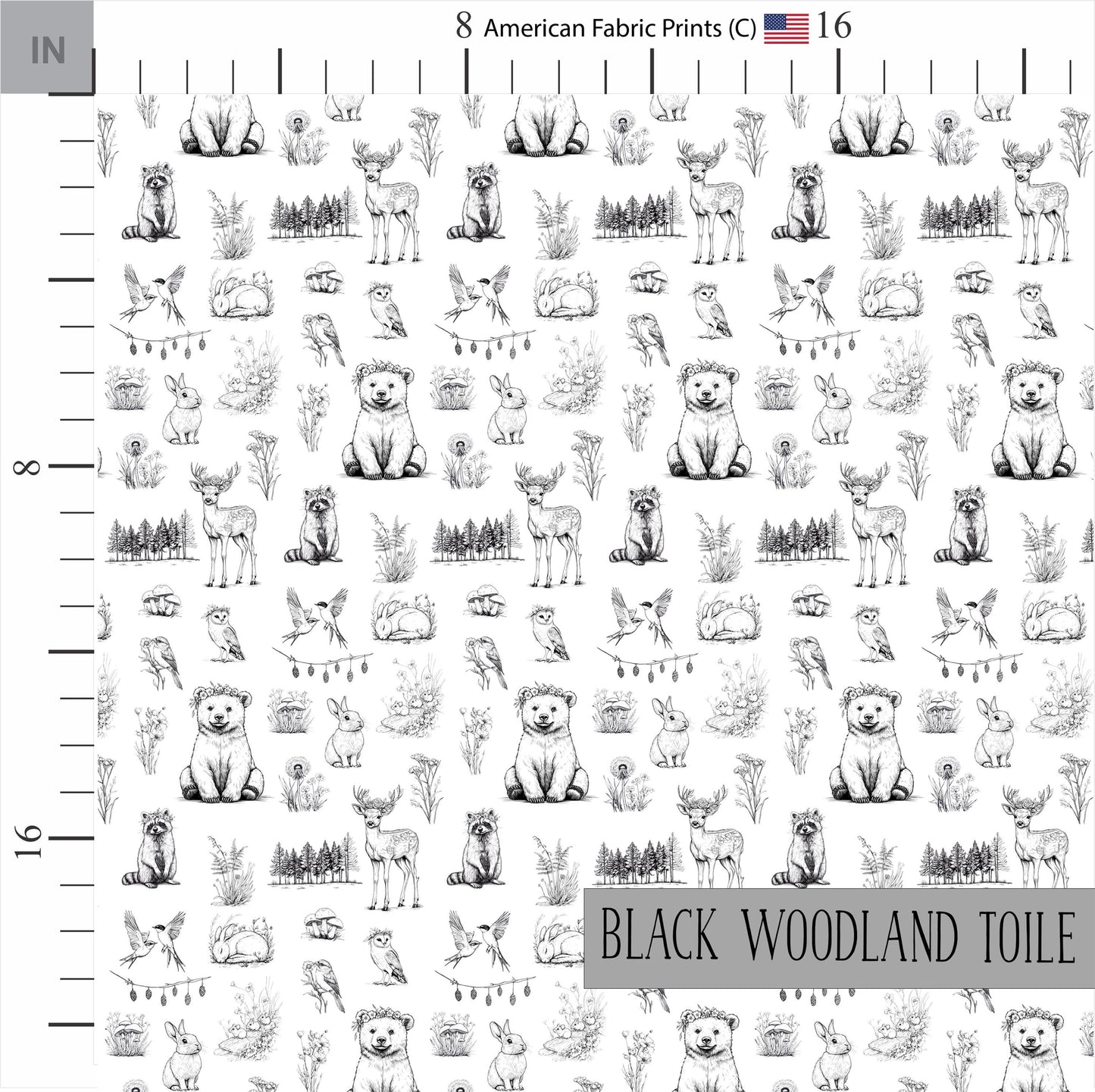 Black and White Woodland Toile Fabric. Shop now at American Fabric Prints.