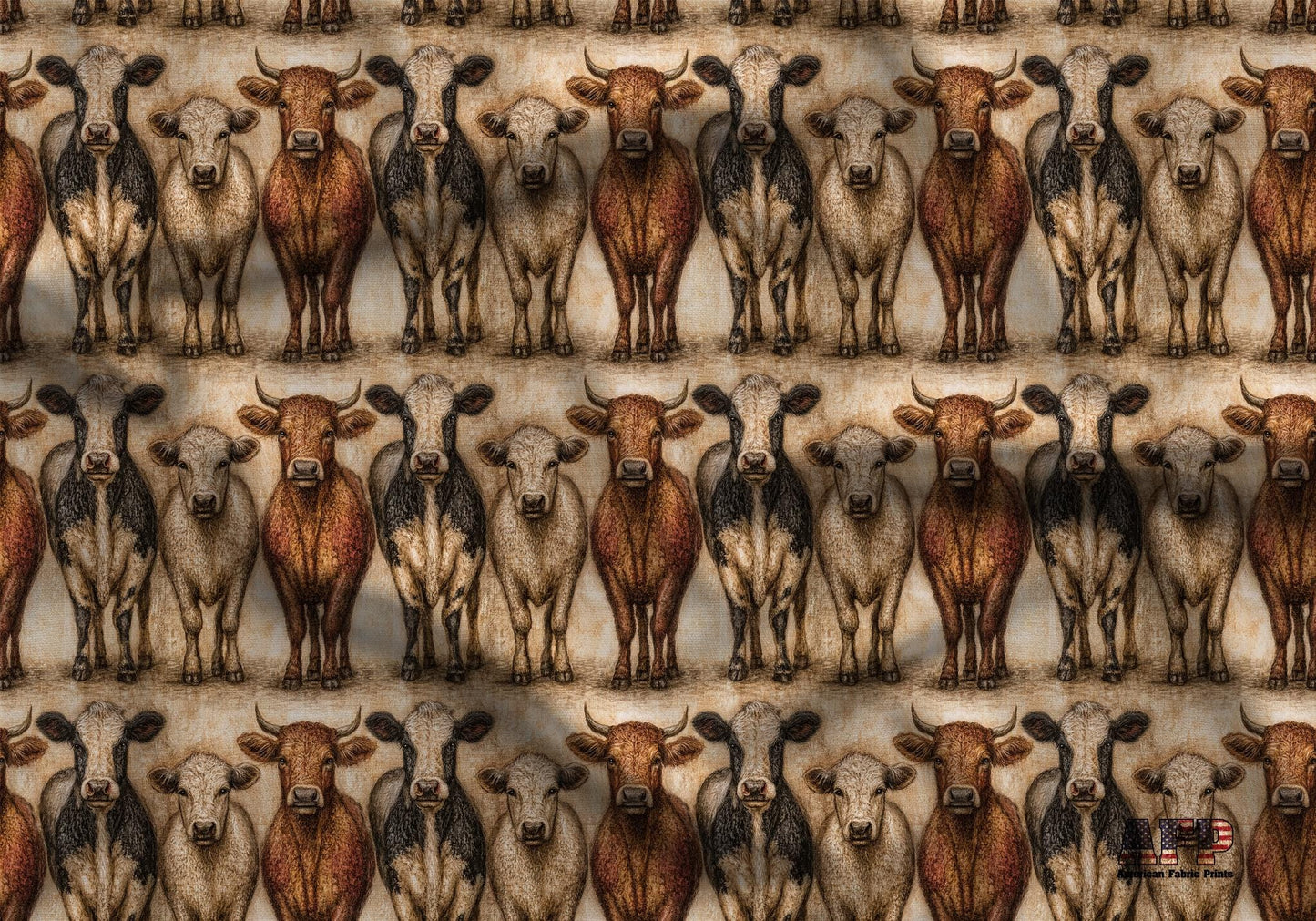 Primitive Folk Art Cattle Fabric - Shop now at American Fabric Prints