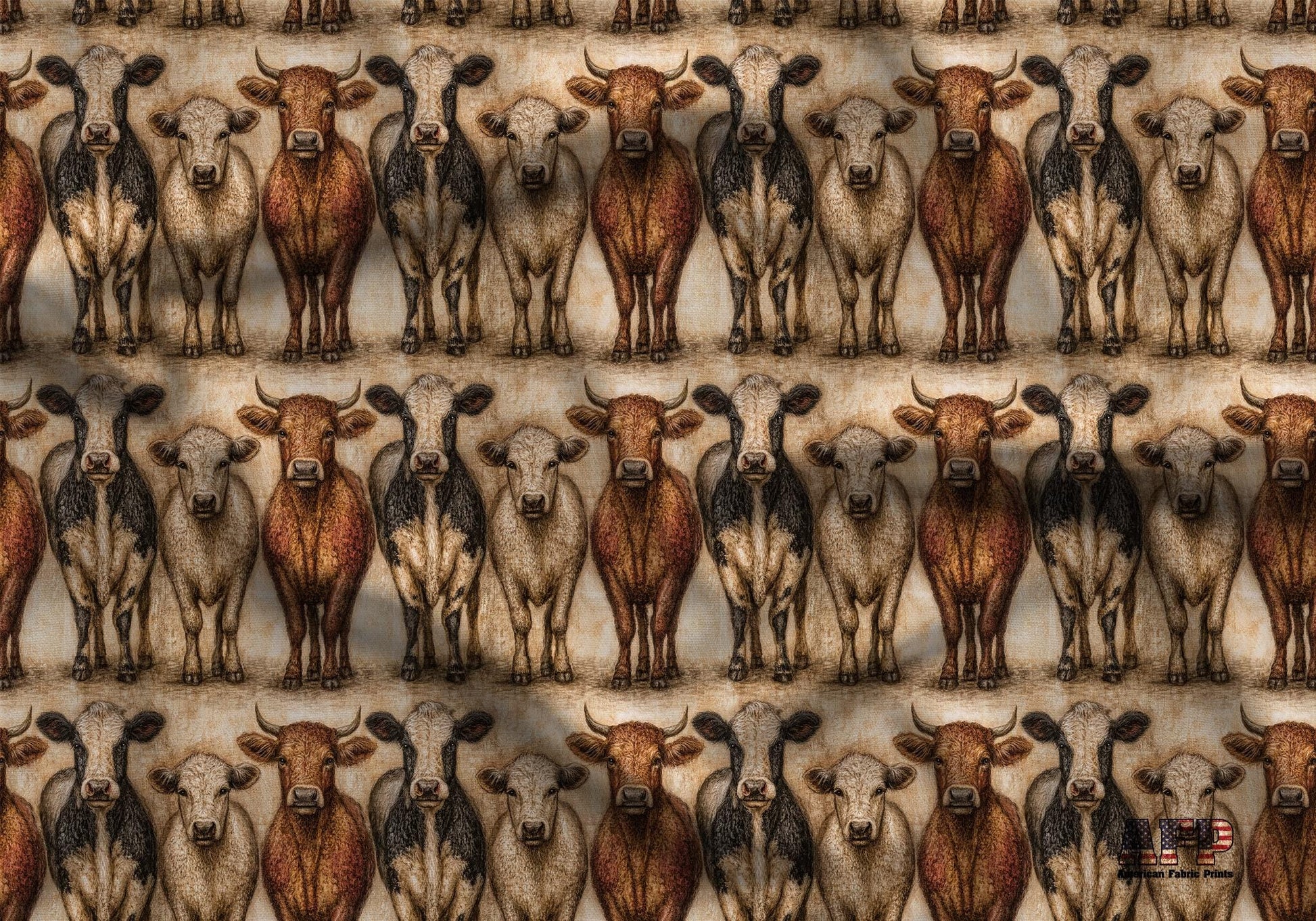 Primitive Folk Art Cattle Fabric - Shop now at American Fabric Prints