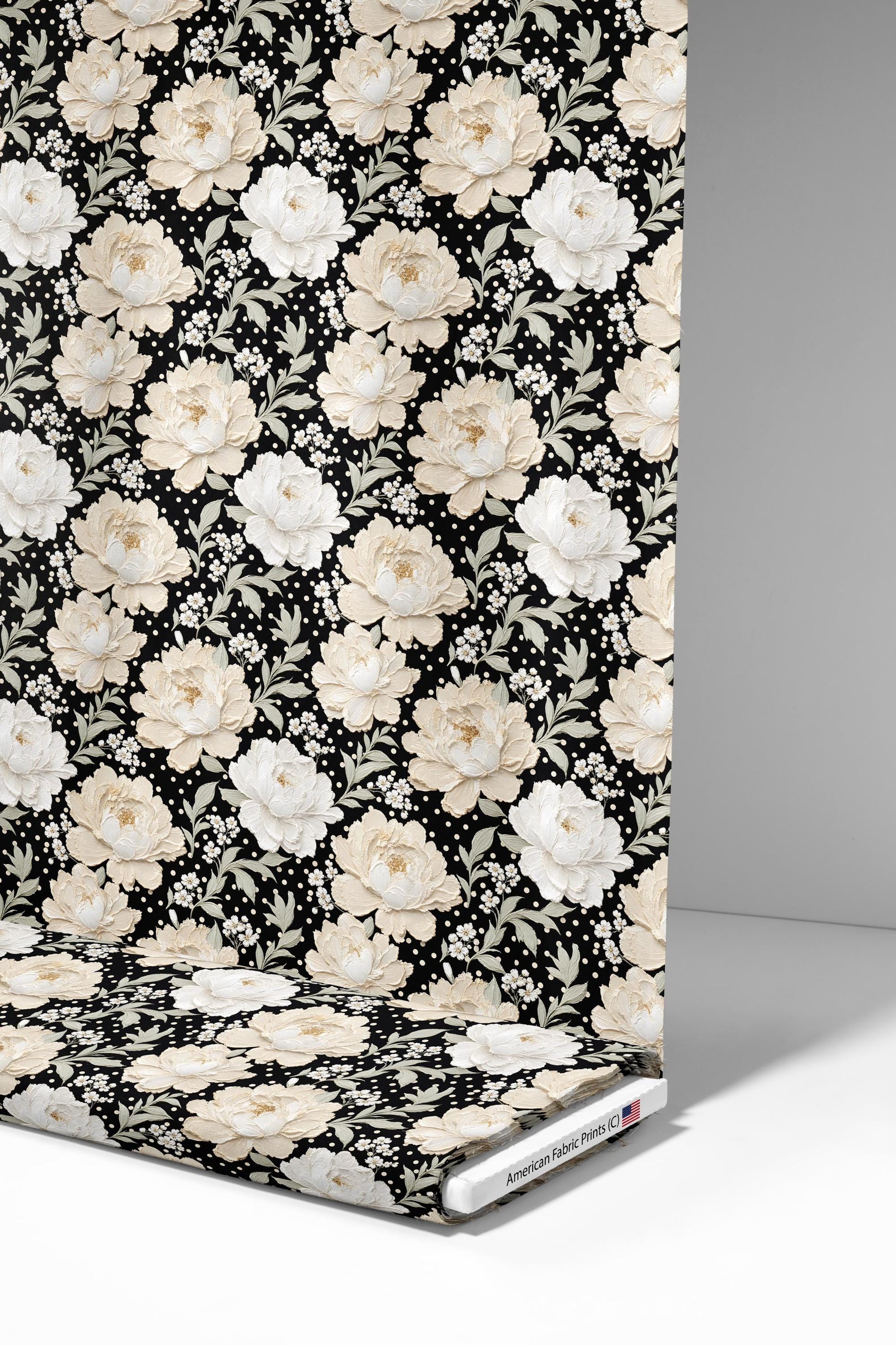 Black Peony Polka Dot Fabric - Shop now at American Fabric Prints