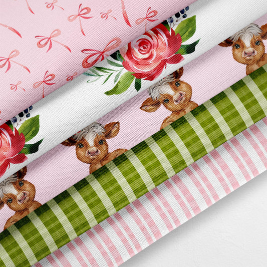 Highland Cow Fabric | Floral Quilt | Plaid Quilting Fabric | Spring Fabric | Nursery Fabric | Baby Fabric | Cotton Fabric | Pink Bow Quilt