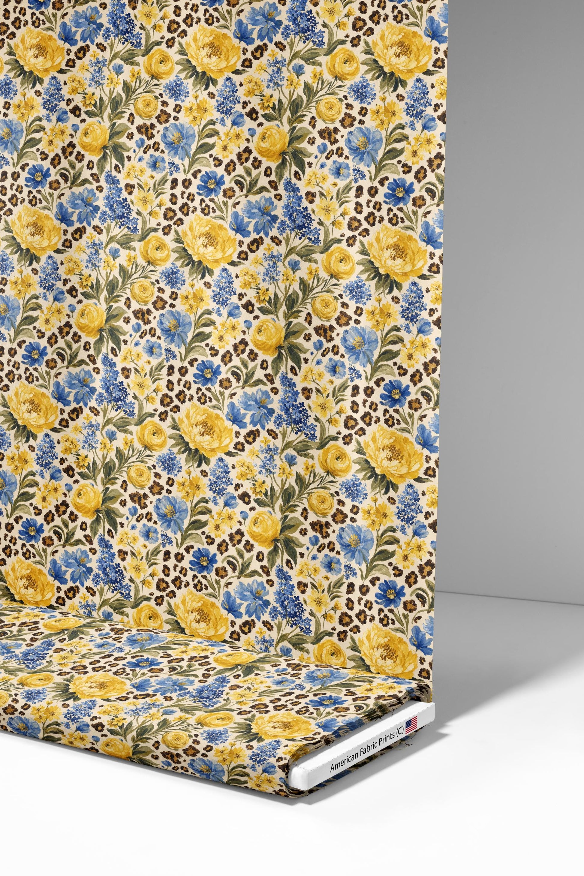 Blue Yellow Floral Leopard Fabric - Shop now at American Fabric Prints