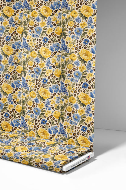 Blue Yellow Floral Leopard Fabric - Shop now at American Fabric Prints