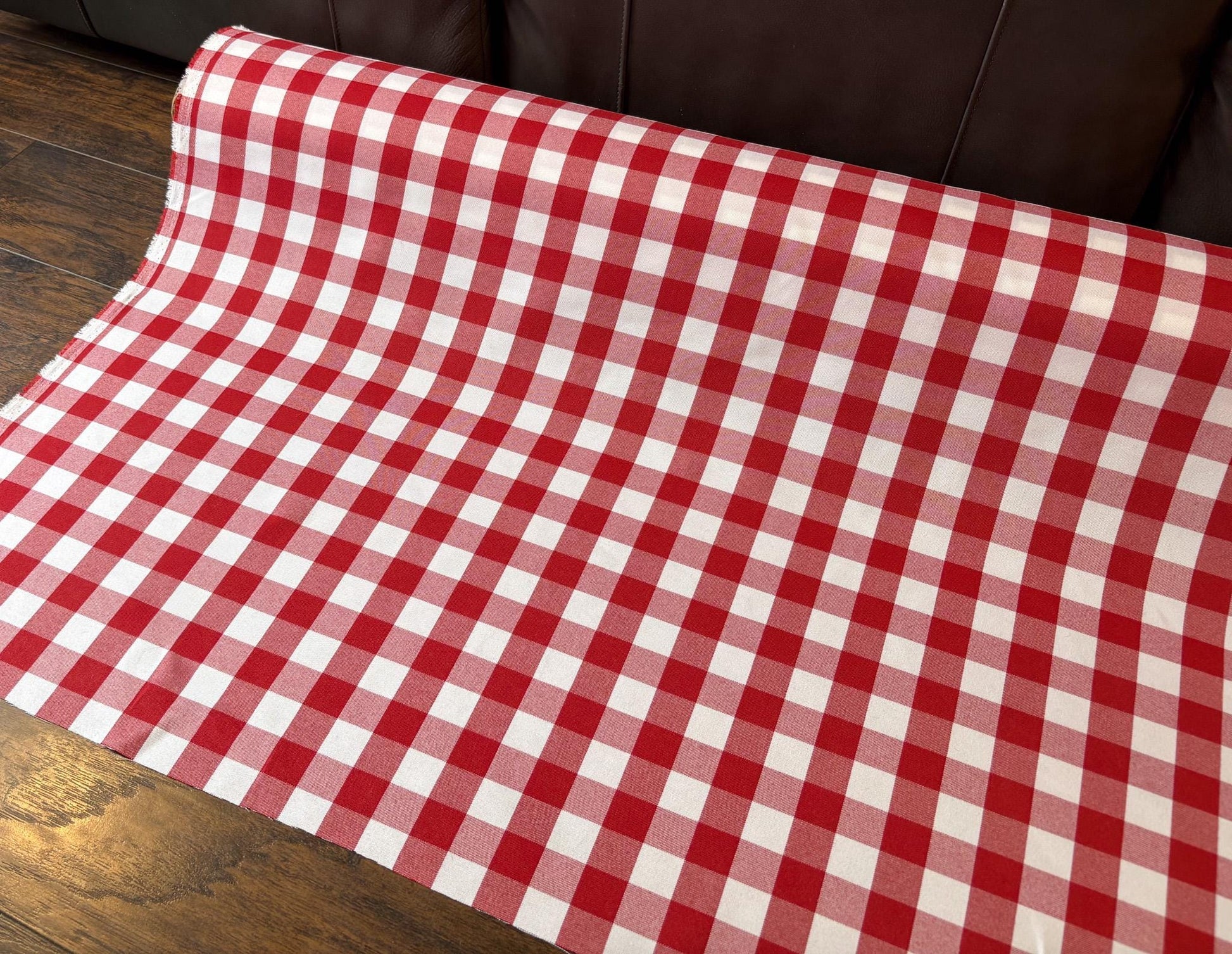 Checkered Red and White Plaid Fabric. Perfect for Picnic Table Coverings and so much more! Shop now at American Fabric Prints.