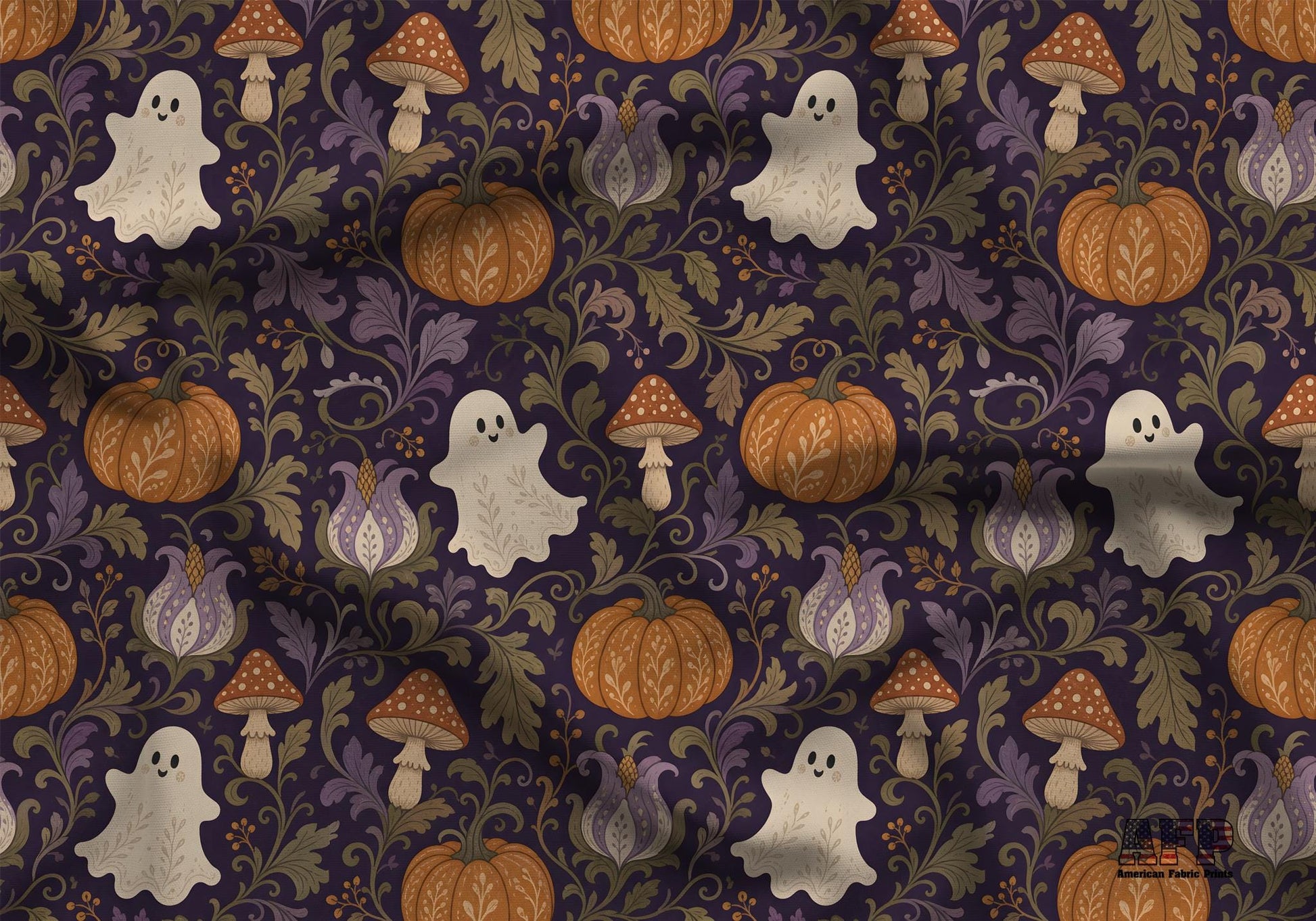 Halloween Damask Ghost and Pumpkins Fabric - Shop now at American Fabric Prints