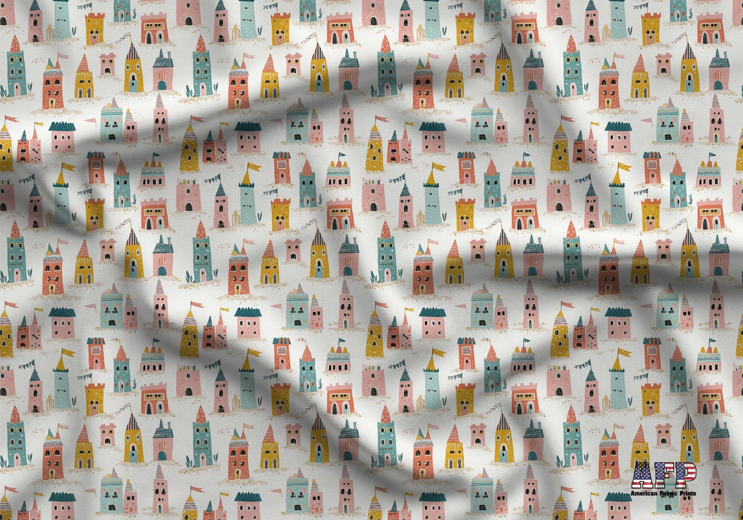 Folk Art Sand Castles Fabric - Shop now at American Fabric Prints