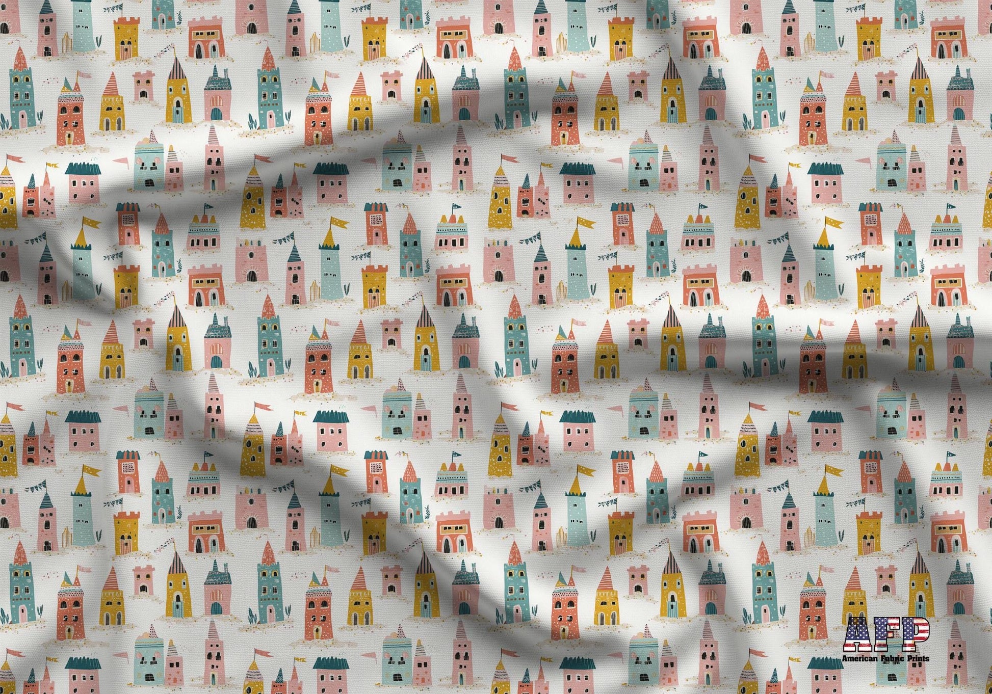 Folk Art Sand Castles Fabric - Shop now at American Fabric Prints