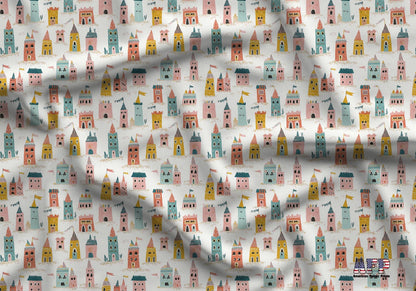 Folk Art Sand Castles Fabric - Shop now at American Fabric Prints