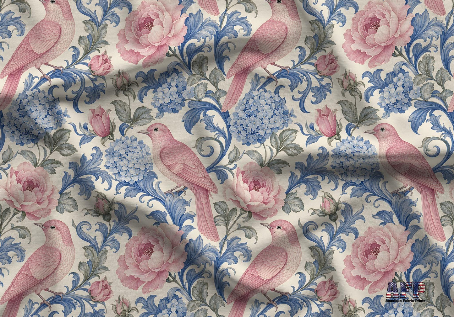 Pink Birds Blue Floral Fabric - Shop now at American Fabric Prints