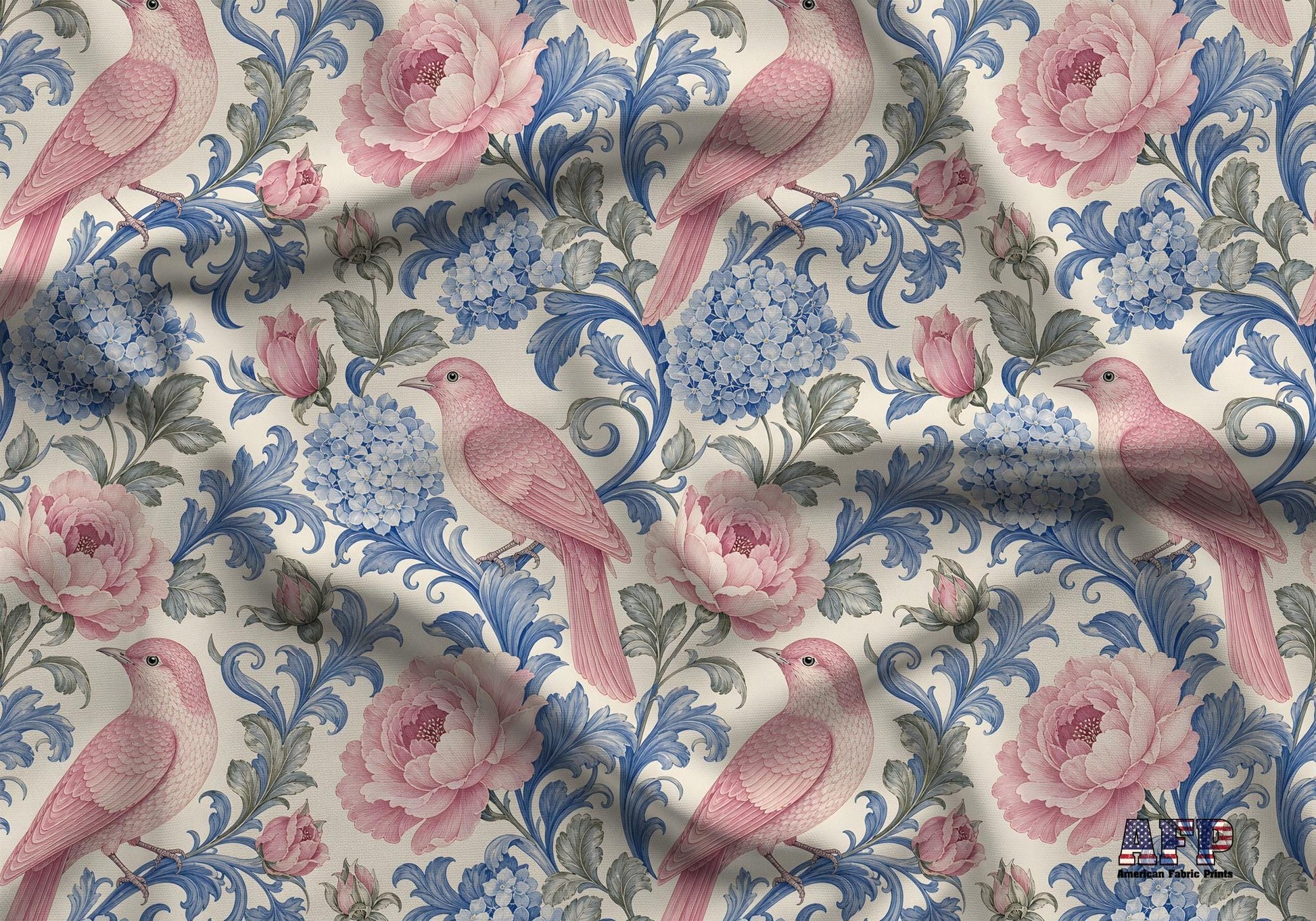 Pink Birds Blue Floral Fabric - Shop now at American Fabric Prints