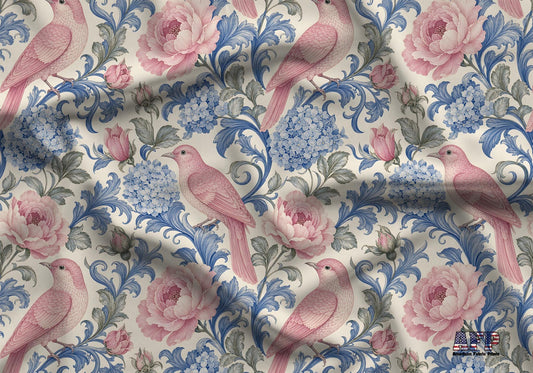 Pink Birds Blue Floral Fabric - Shop now at American Fabric Prints
