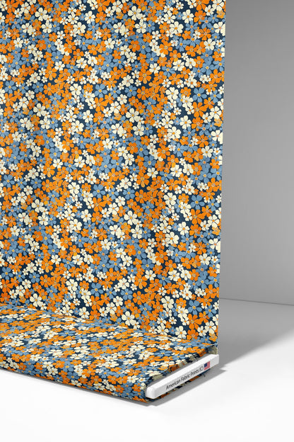 Orange and Blue Floral Fabric | Premium Cotton Quilt Fabric | Fall Flower Pattern | Summer Craft | Made in America | American Fabric Prints