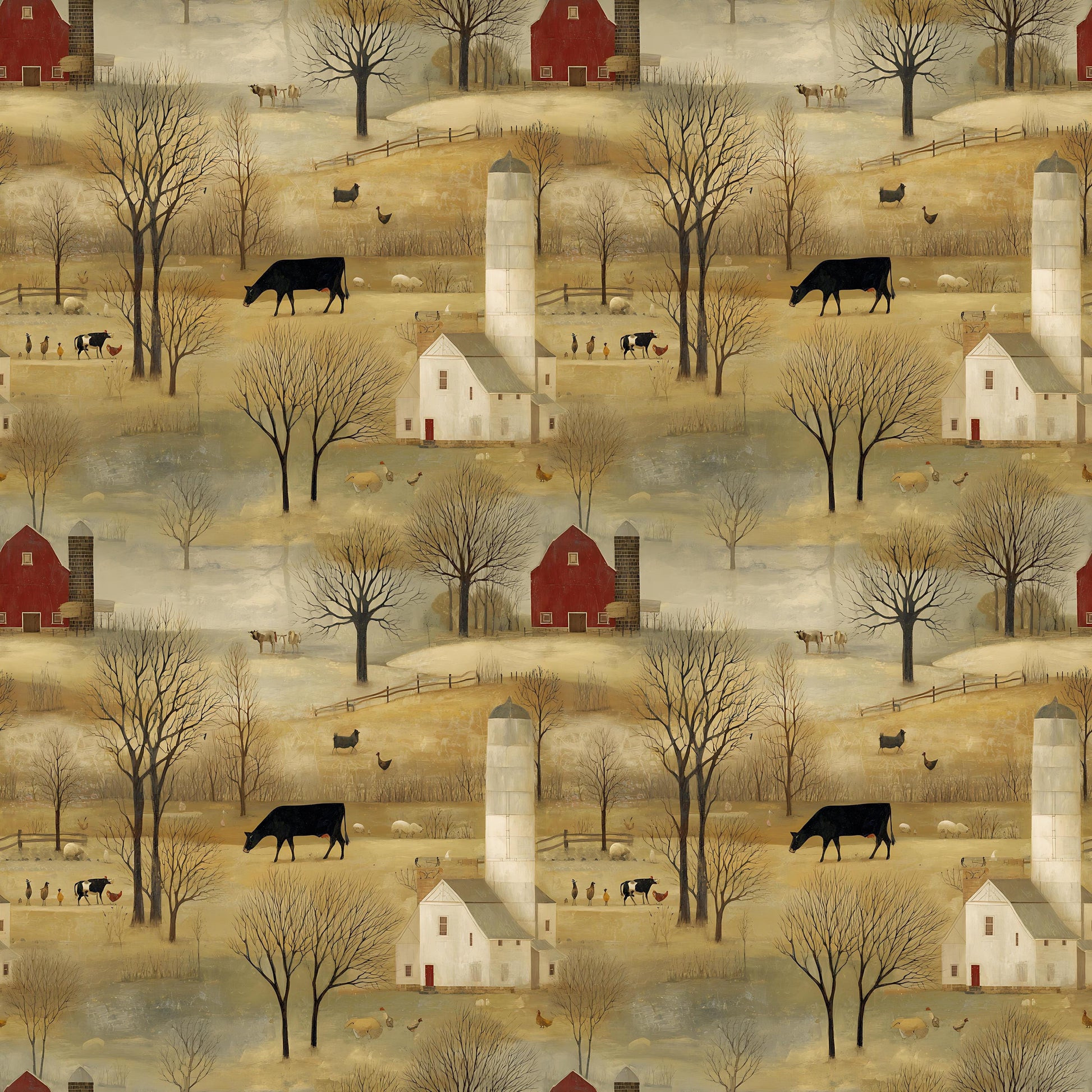Nostalgic Farm With Cows Fabric - Shop now at American Fabric Prints