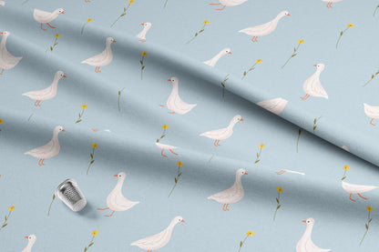 Goose Cotton Quilt Fabric | Yellow Floral | Blue Background | Made in the USA | American Fabric Prints