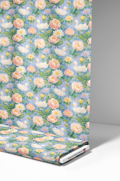 Monet Water Lily  Swan Fabric - Shop now at American Fabric Prints