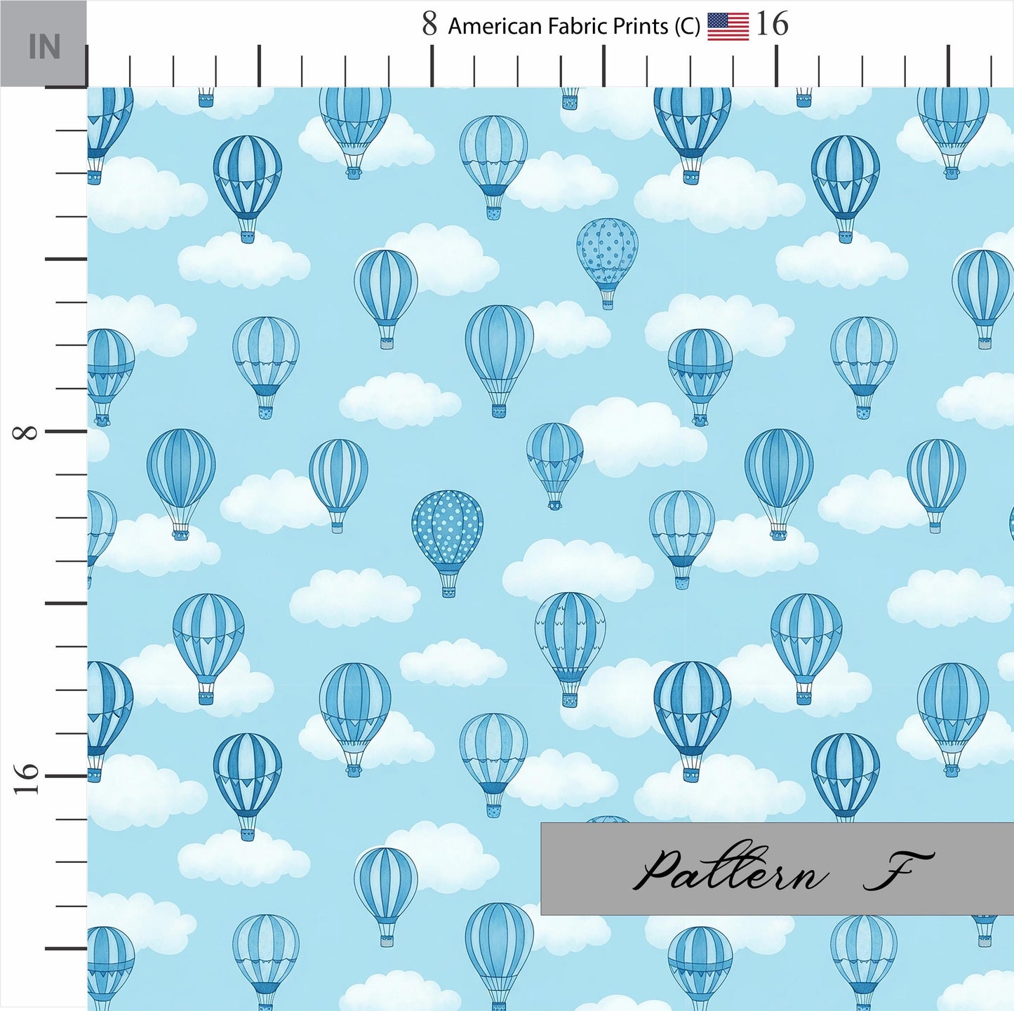 Blue colored Hot Air Balloons with clouds. Shop now at American Fabric Prints.