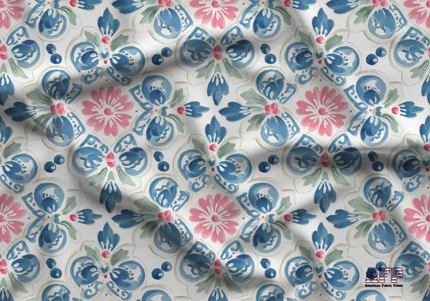 Watercolor Tile in Blue and Pink Fabric - Shop now at American Fabric Prints