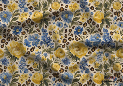 Blue Yellow Floral Leopard Fabric - Shop now at American Fabric Prints