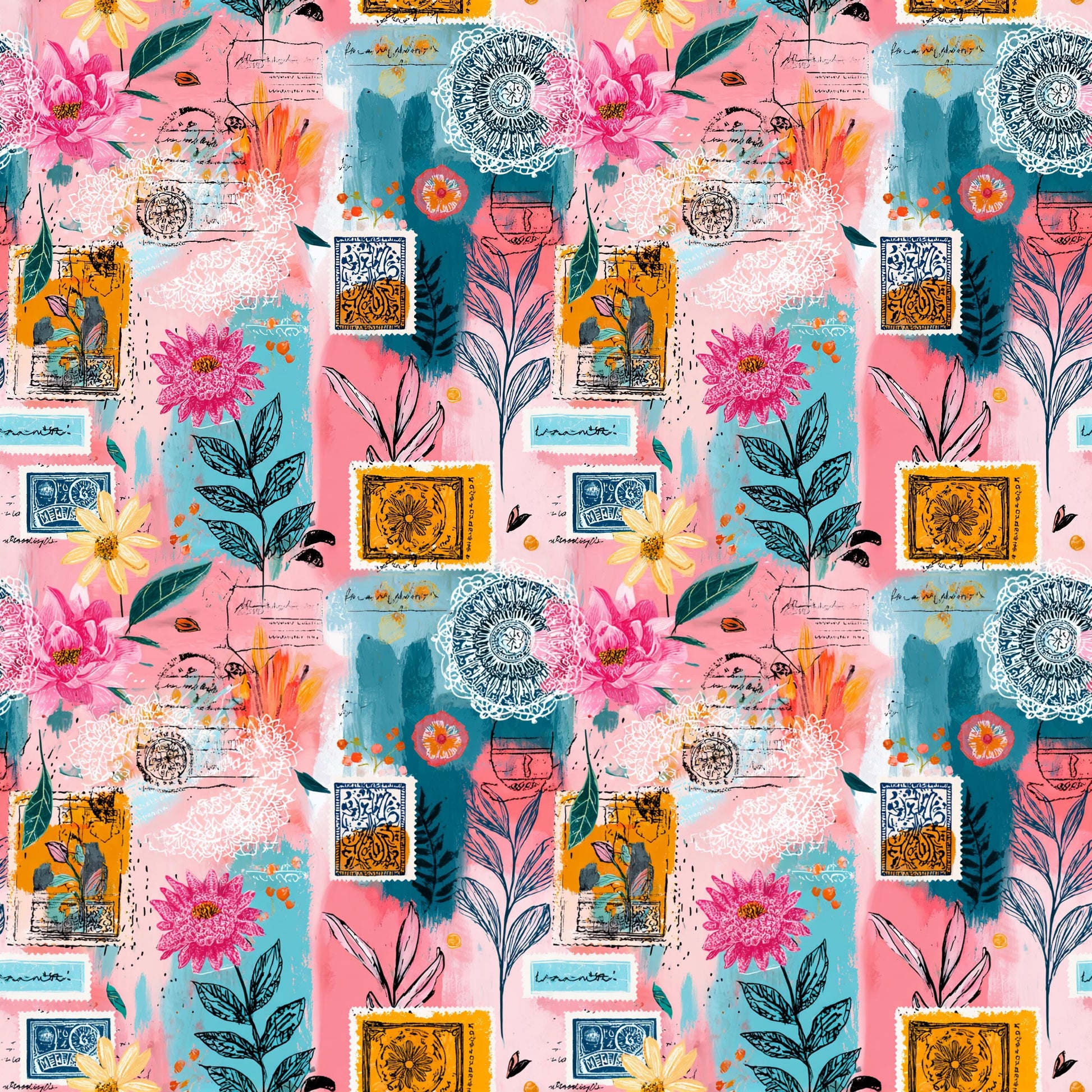 Boho Collage Stamps Fabric - Shop now at American Fabric Prints