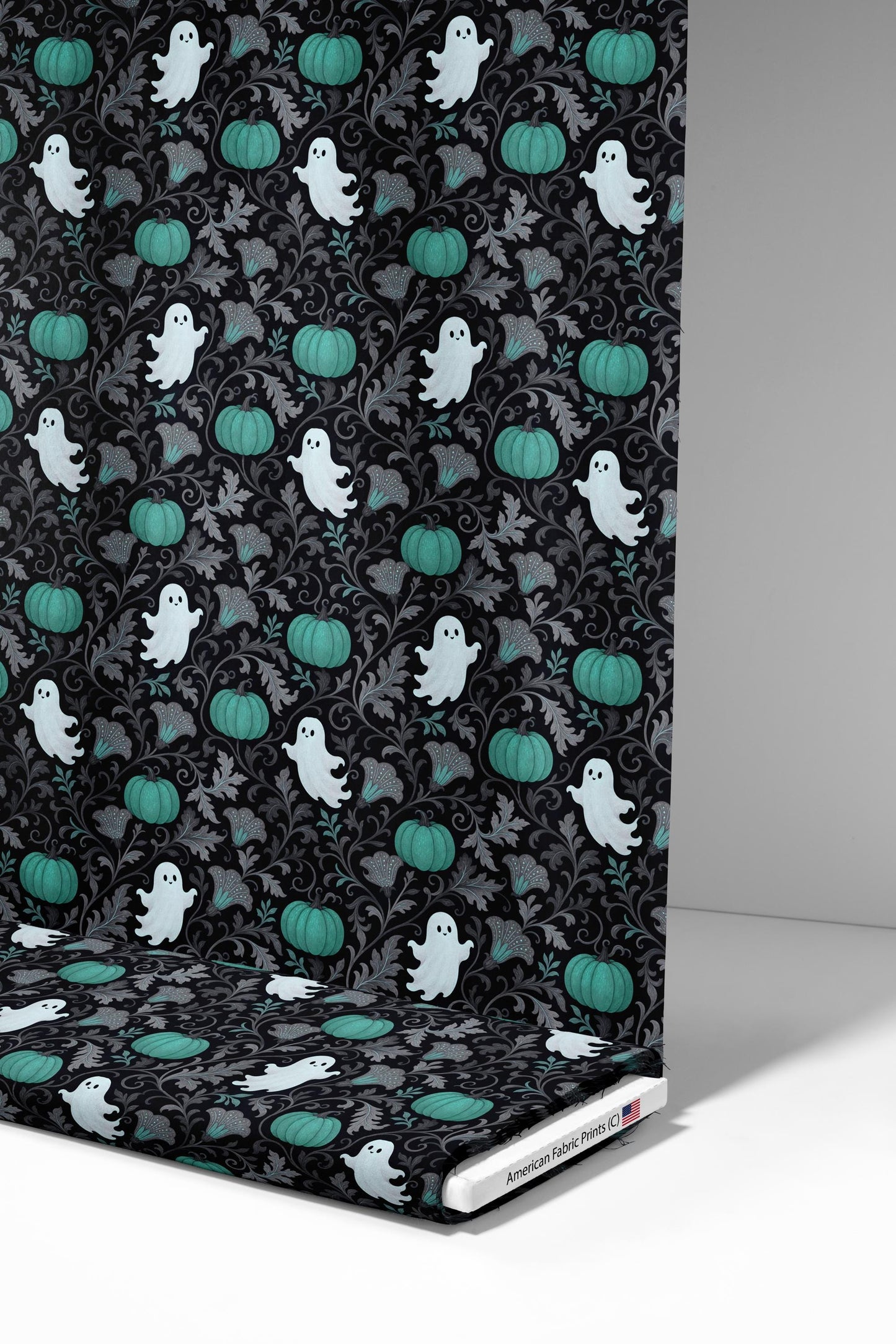 Teal Pumpkins and Ghosts Fabric - Shop now at American Fabric Prints