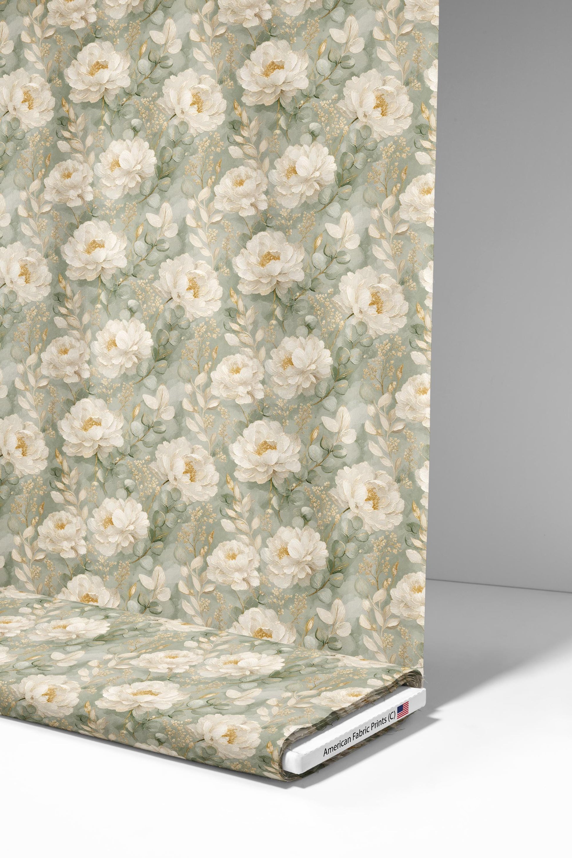 White Peony with Sage and Gold Fabric - Shop now at American Fabric Prints
