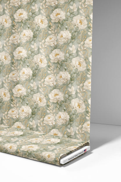 White Peony with Sage and Gold Fabric - Shop now at American Fabric Prints