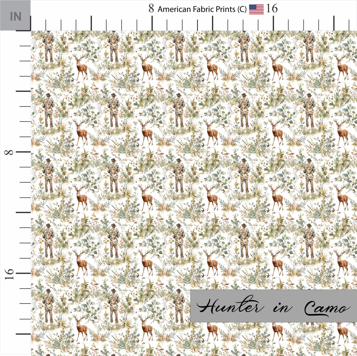 Camouflage Hunter and Deer in Woods Pattern on Cotton Fabric. Shop now at American Fabric Prints.