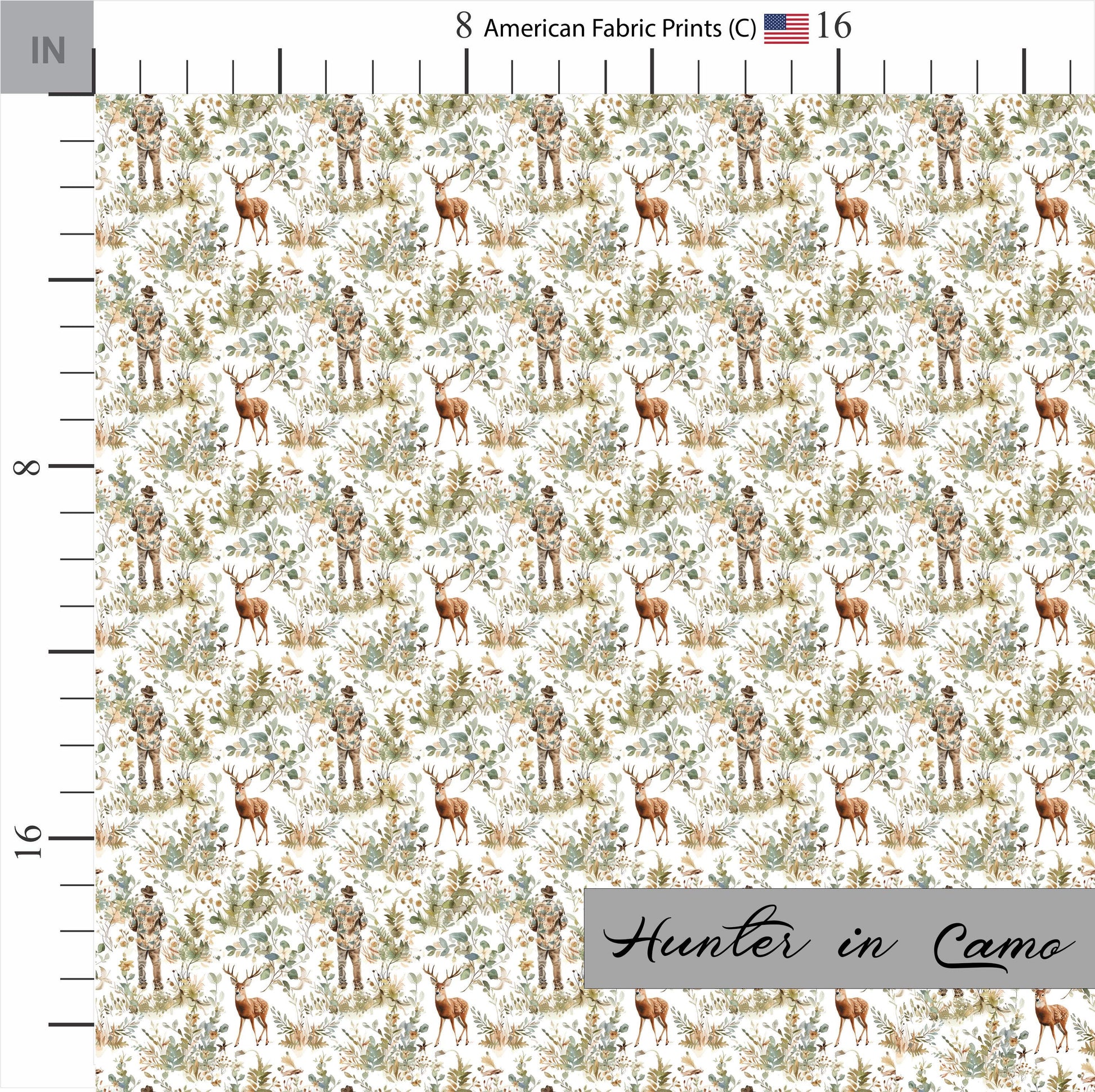 Camouflage Hunter and Deer in Woods Pattern on Cotton Fabric. Shop now at American Fabric Prints.
