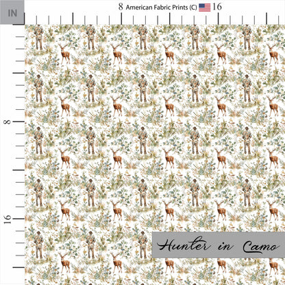 Camouflage Hunter and Deer in Woods Pattern on Cotton Fabric. Shop now at American Fabric Prints.