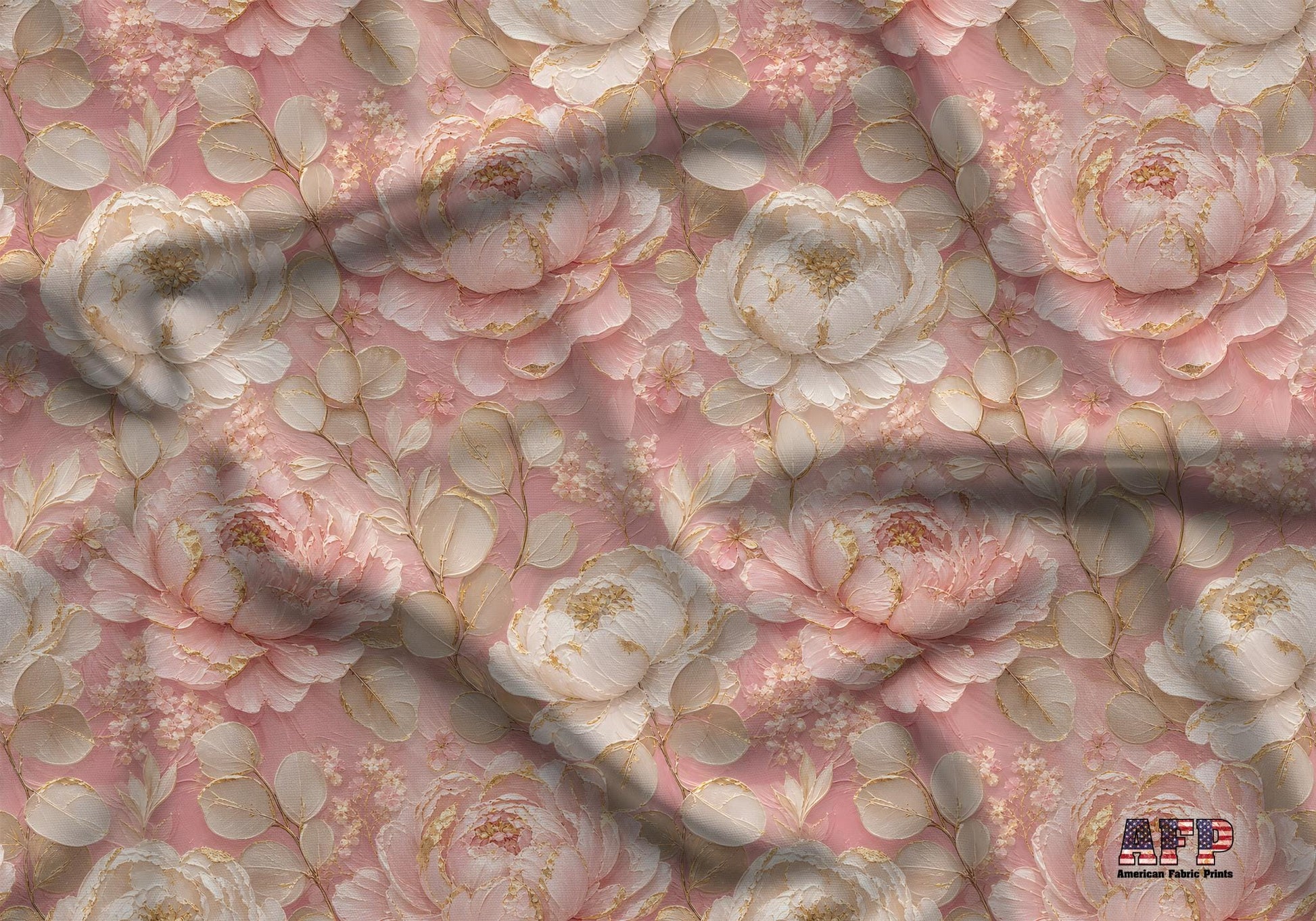 Blush Pink Peony Gold Fabric - Shop now at American Fabric Prints