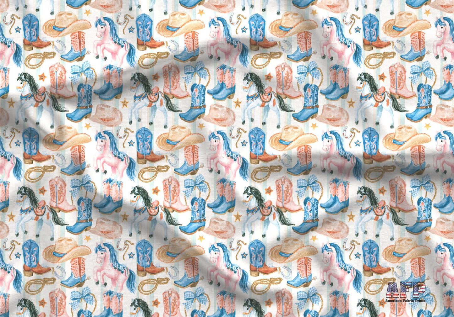 Preppy Rodeo Fabric - Quilting Cotton Print - Blue and Pink Cowboy Boots and Horses - by American Fabric Prints