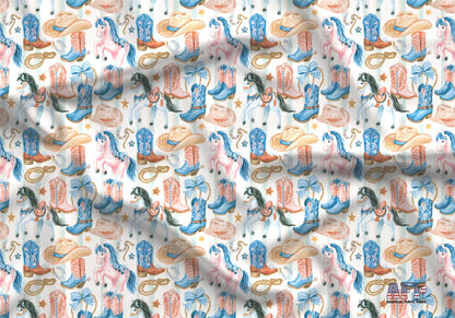 Preppy Rodeo Fabric - Quilting Cotton Print - Blue and Pink Cowboy Boots and Horses - by American Fabric Prints