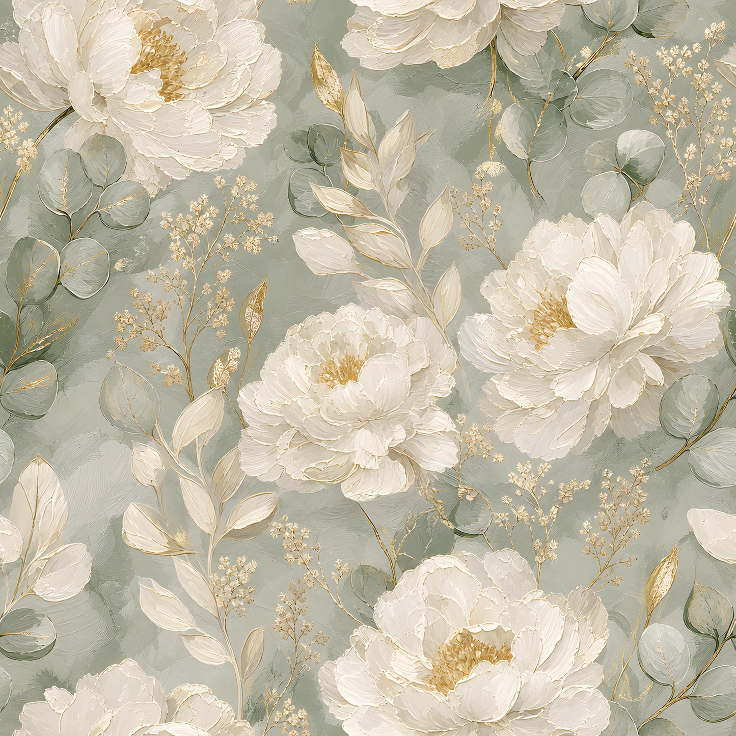 White Peony with Sage and Gold Fabric - Shop now at American Fabric Prints