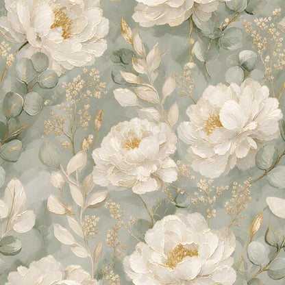 White Peony with Sage and Gold Fabric - Shop now at American Fabric Prints