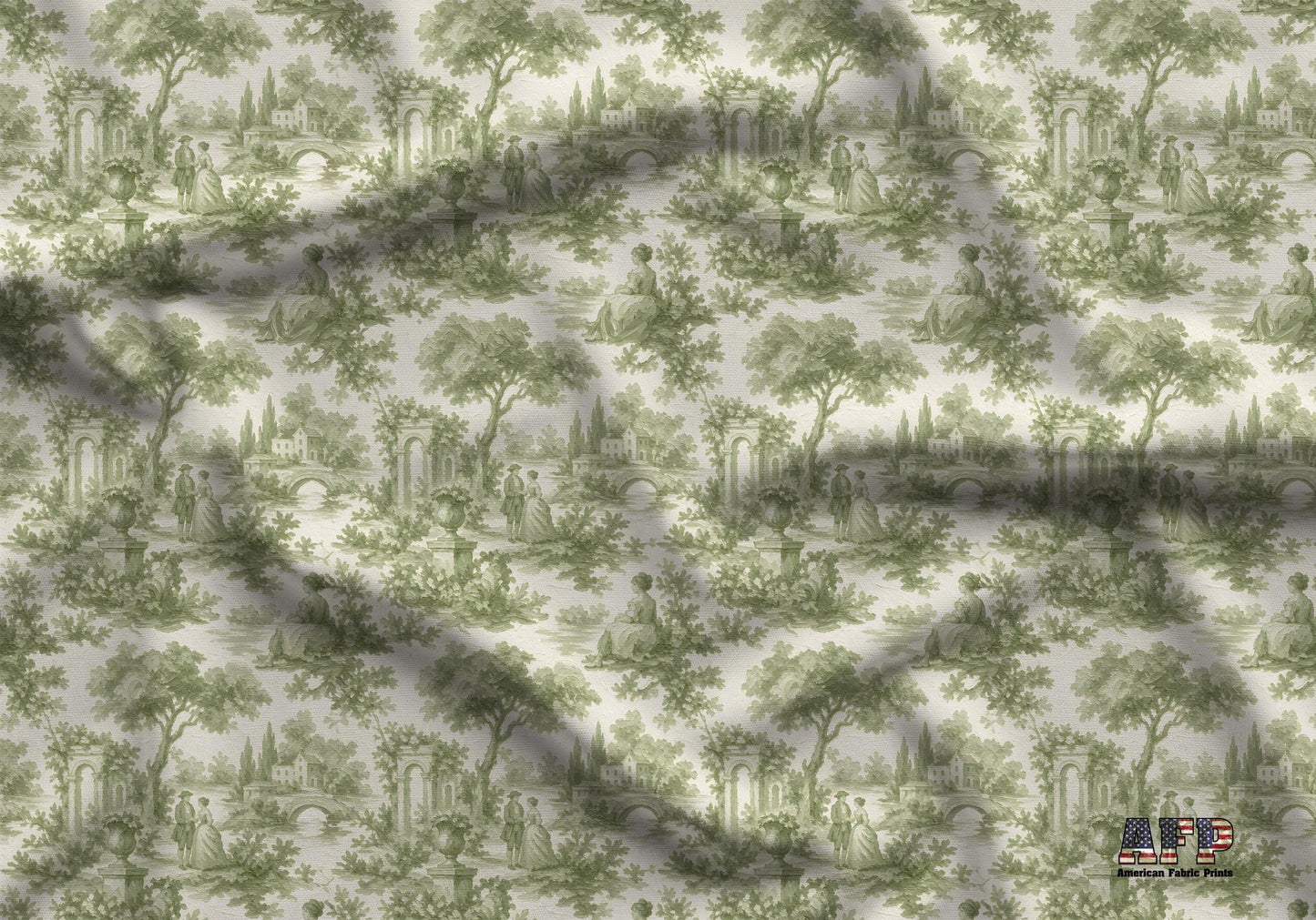 Green Garden Couple Toile de Jouy Fabric - Shop now at American Fabric Prints