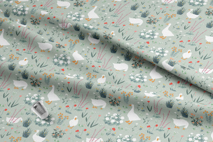 Floral Goose Cotton Quilt Fabric | Green Meadow Print | Made in the USA | American Fabric Prints