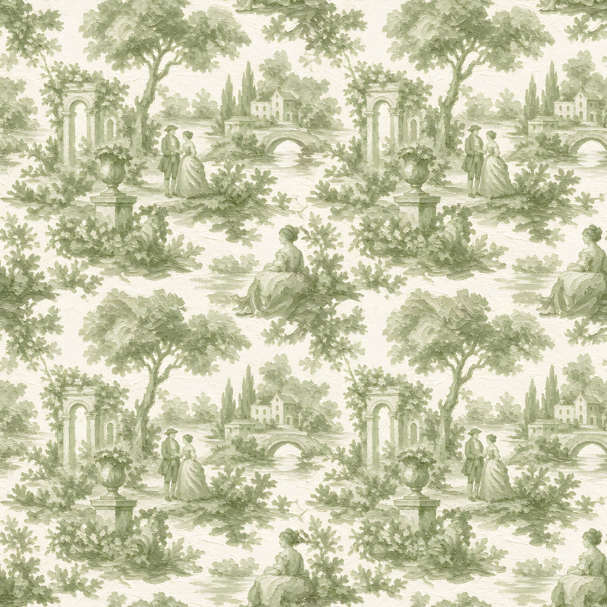 Green Garden Couple Toile de Jouy Fabric - Shop now at American Fabric Prints